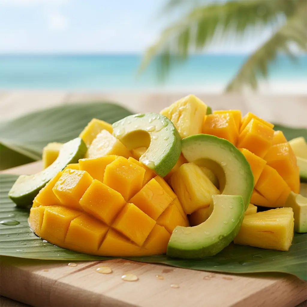 Mango, aguacate y piña frescos cortados para ensalada cubana tropical.