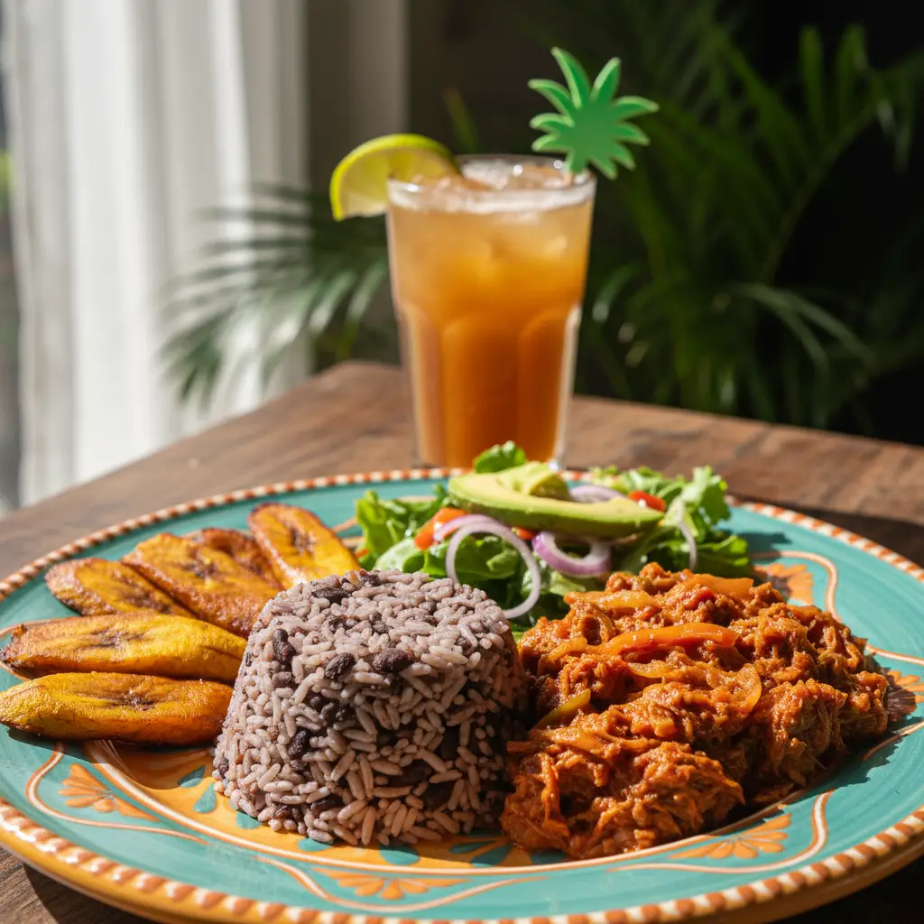 Arroz Moros y Cristianos servido como plato principal con Ropa Vieja y tajadas