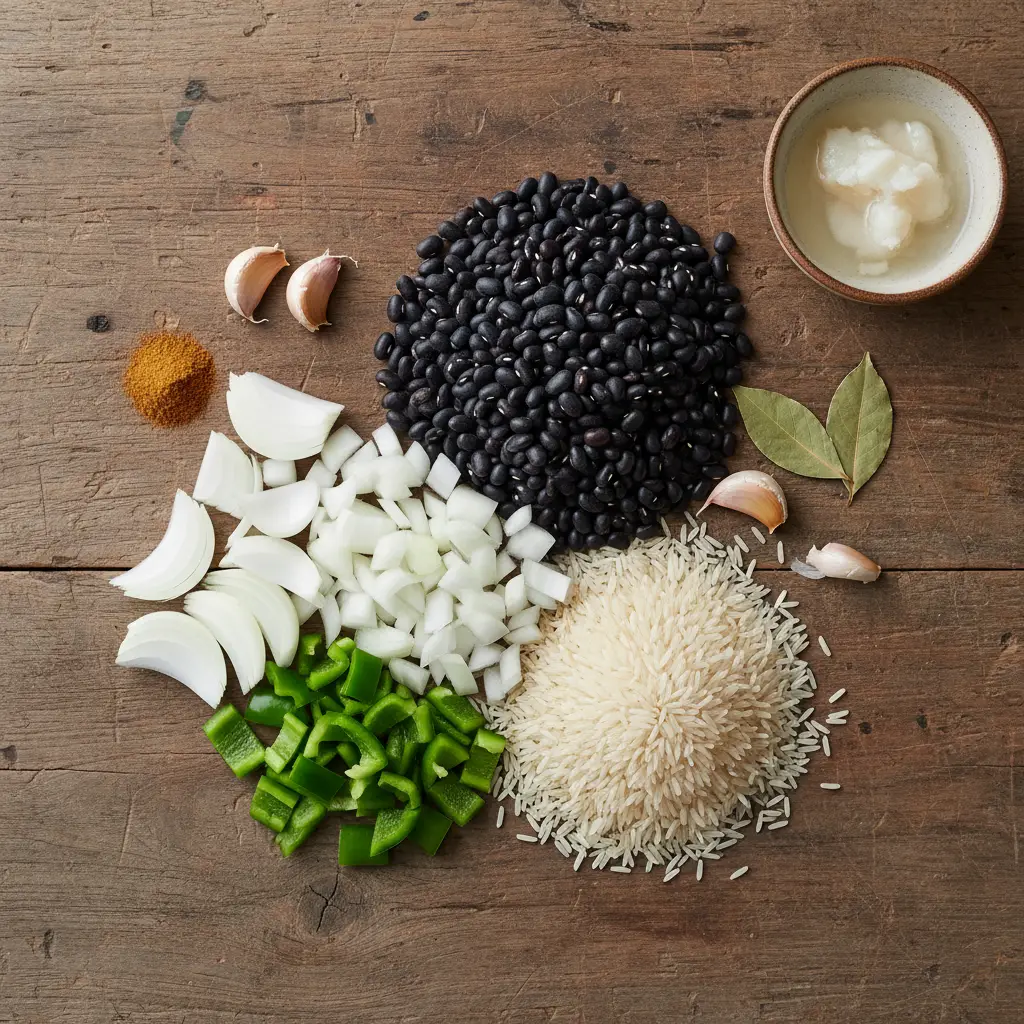 Ingredientes frescos para Arroz Moros y Cristianos: frijoles, arroz, verduras y especias