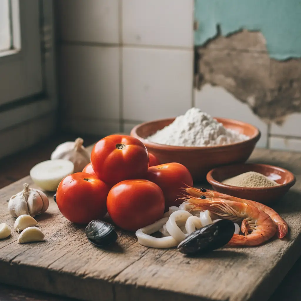 Ingredientes frescos para pizza marinera: tomates, ajo, cebolla, harina, levadura y mariscos en tabla rústica.