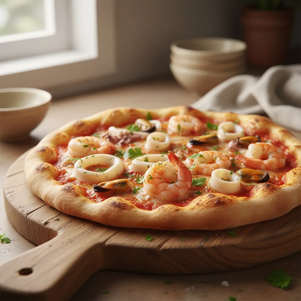 Pizza marinera dorada con mariscos frescos y perejil, en tabla de madera rústica.