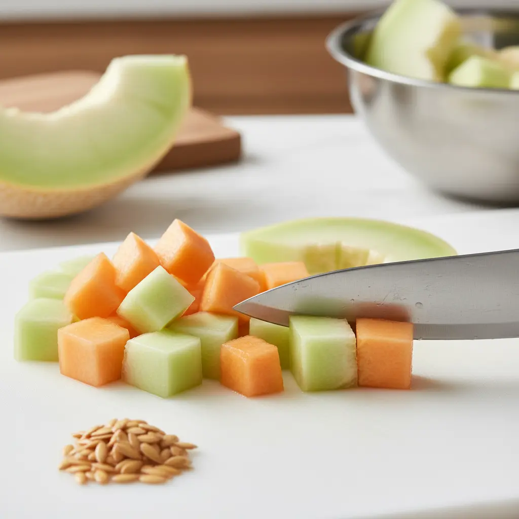 Corte de melón cantalupo y verde en cubos para ensalada cubana