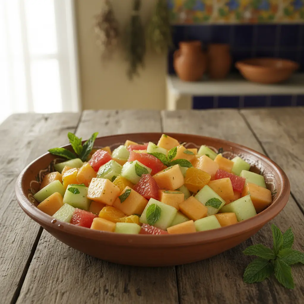 Ensalada cubana de melón cantalupo y miel con menta fresca, luz natural.