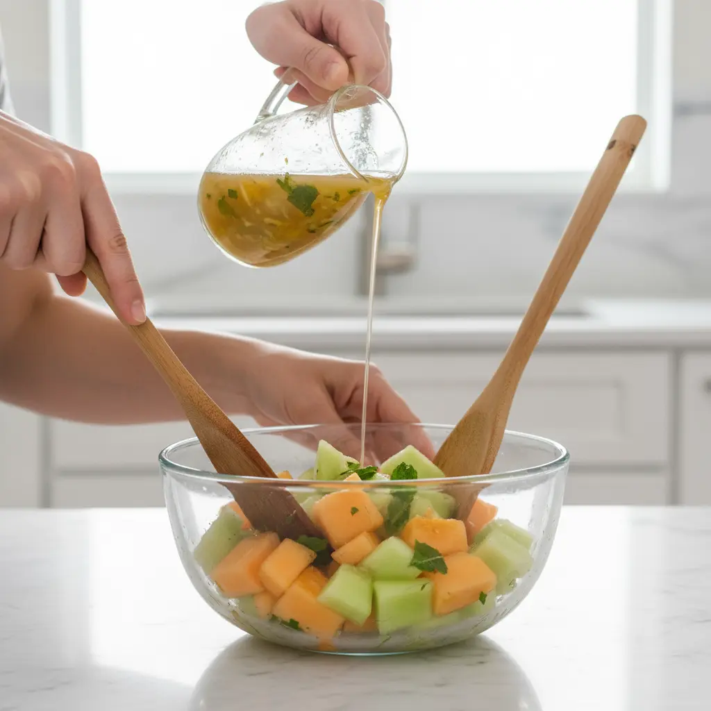 Ensalada cubana de melón con cítricos y menta fresca en bol de vidrio.
