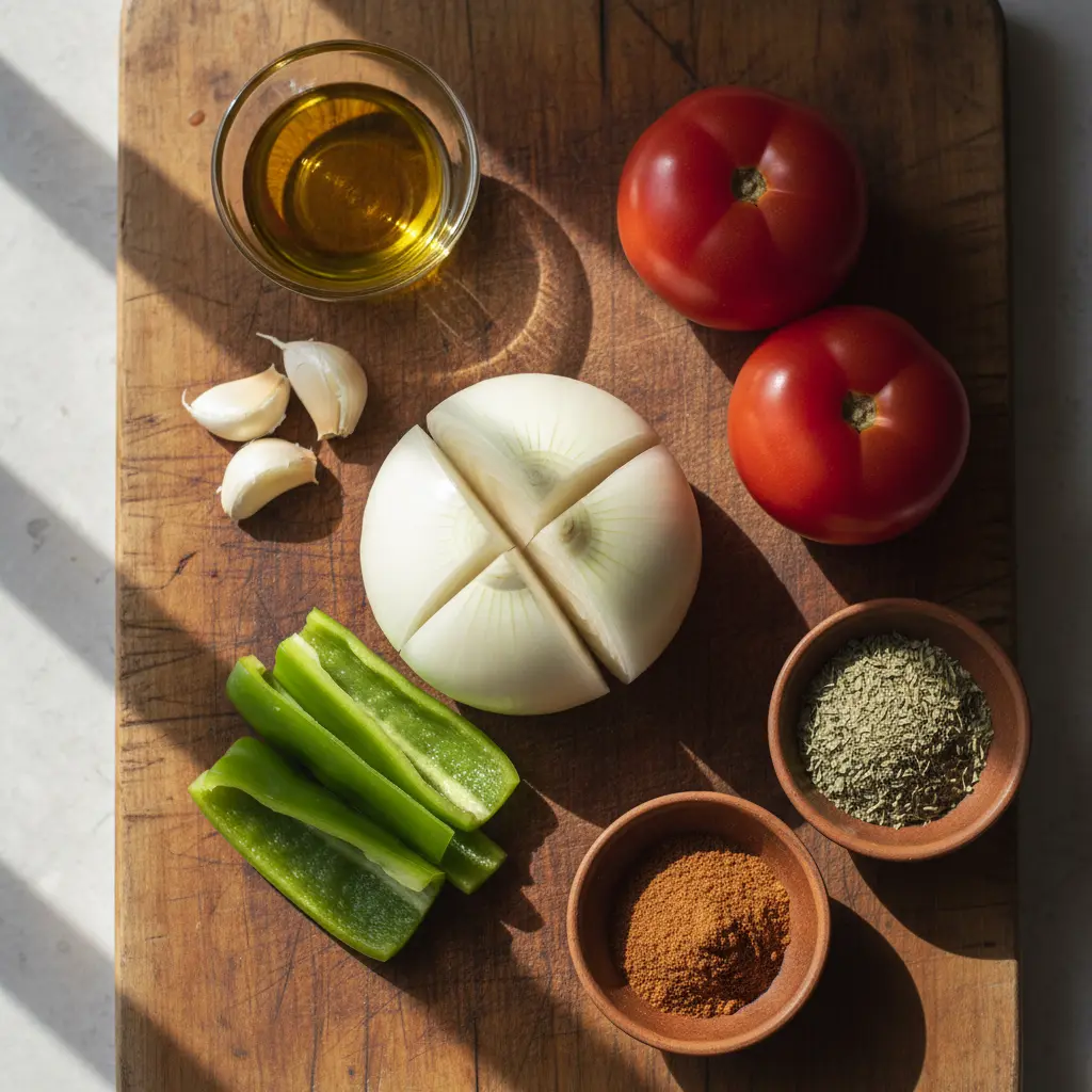 Ingredientes para Salsa Cubana Fresca Ingredientes frescos para salsa cubana: cebolla, pimiento, ajo, tomates, aceite, comino, orégano.