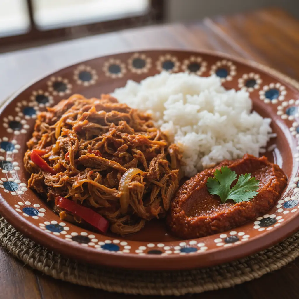 Delicioso plato cubano: Ropa Vieja o Picadillo Plato cubano Ropa Vieja o Picadillo con arroz blanco y salsa roja, cilantro fresco. Textura y color de la salsa.