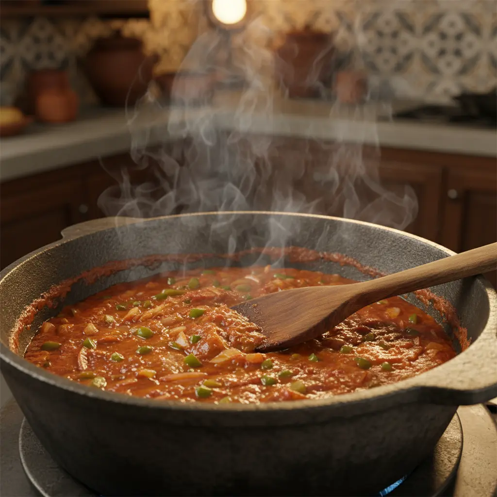 Salsa cubana casera en caldero Salsa cubana roja burbujeante en caldero, con cebolla, pimiento y ajo. Cuchara de madera.