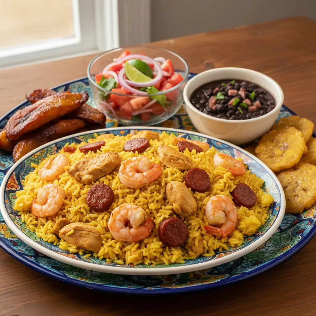 Acompañamientos cubanos: plátanos fritos, tostones, ensalada y frijoles negros.