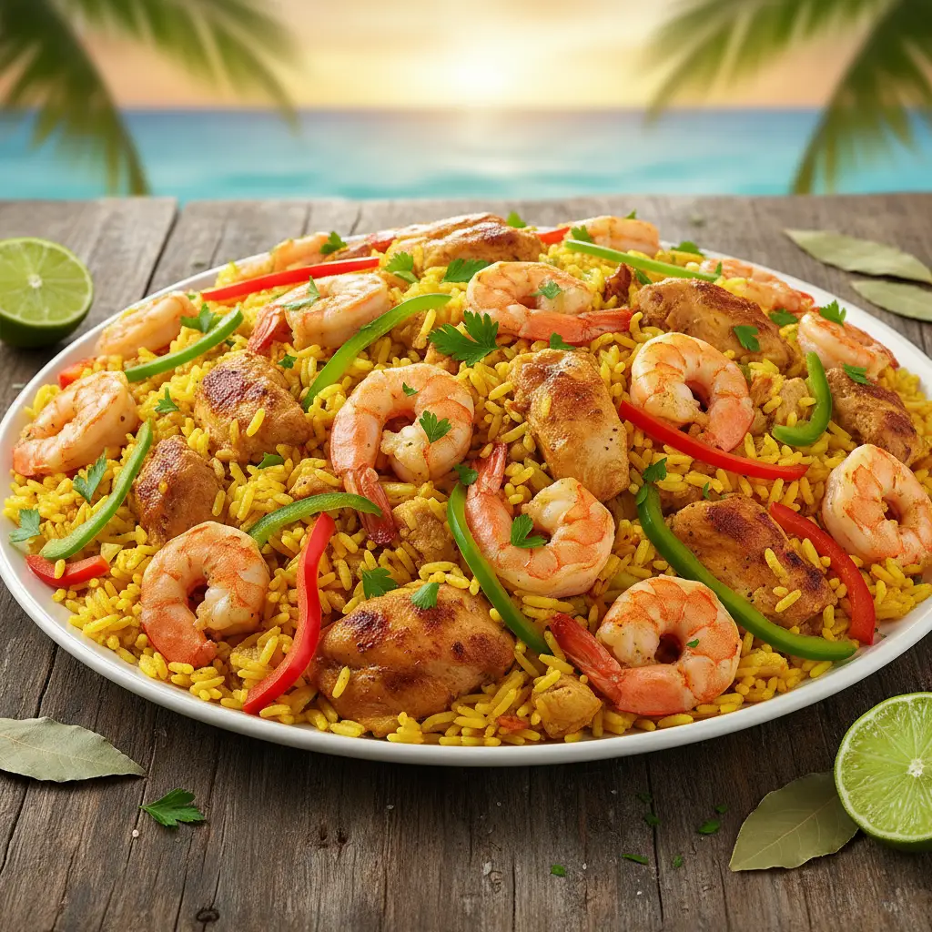 Arroz Mar y Tierra cubano vibrante con camarones, pollo y pimientos.