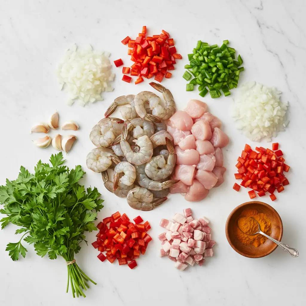 Ingredientes frescos para Arroz Mar y Tierra: camarones, pollo, cerdo, verduras.