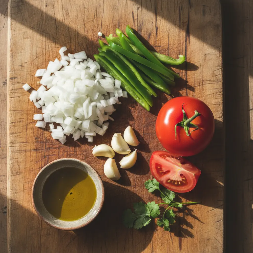 Ingredientes frescos para sofrito cubano: cebolla, pimiento, ajo, tomate y aceite de oliva.