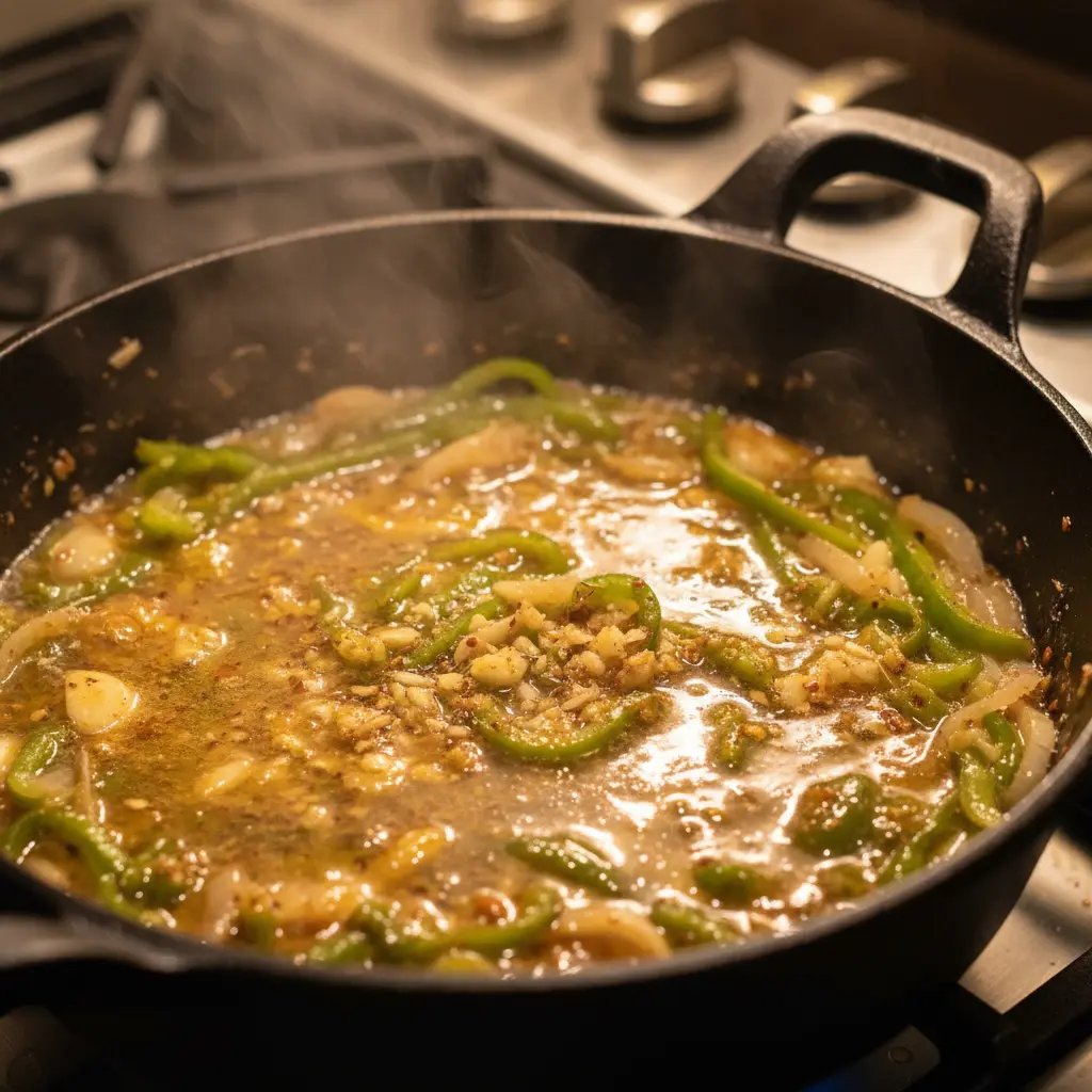 Sofrito cubano auténtico cocinándose en caldero, con cebolla tierna y pimiento verde.