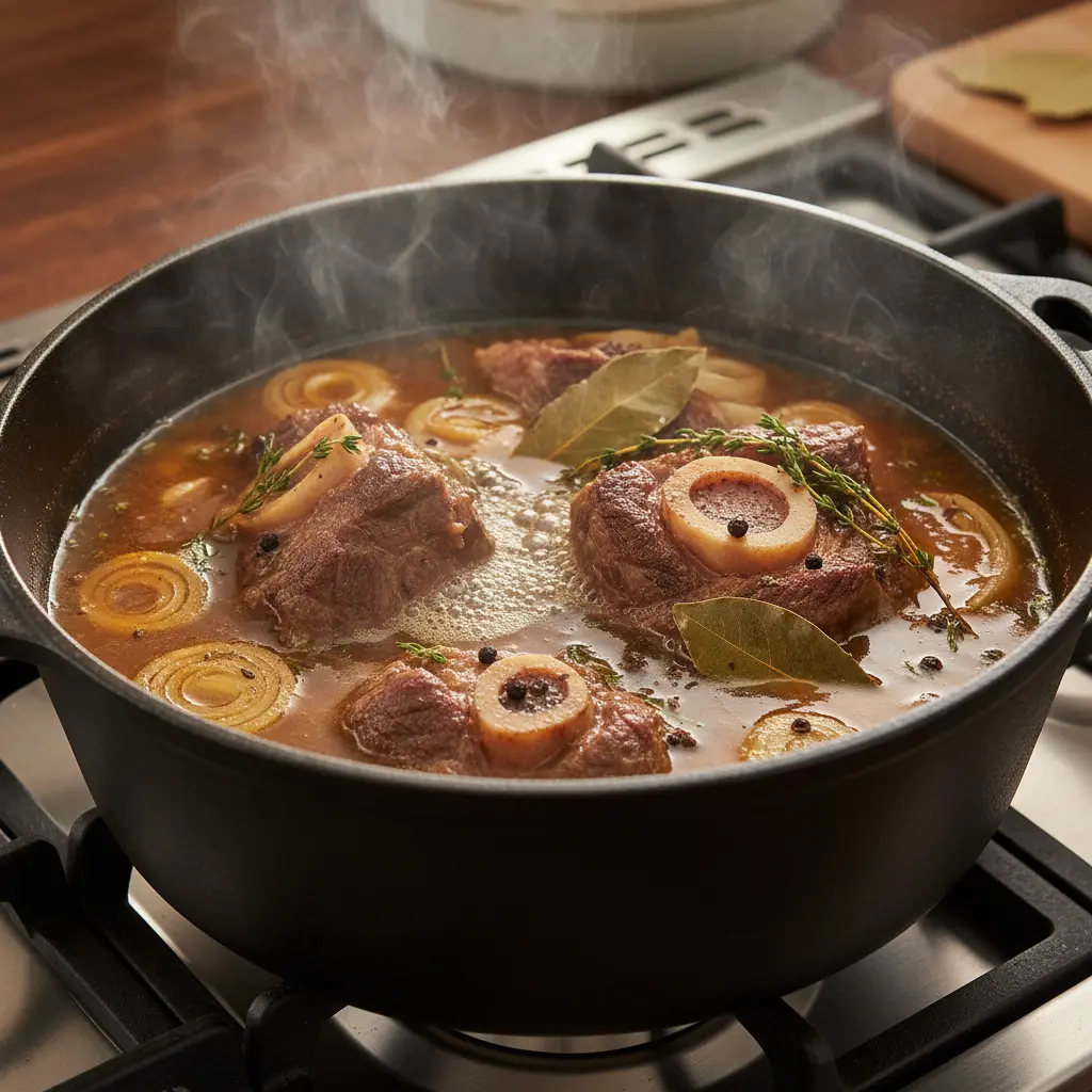 Estofado de res tierno en caldo ámbar con cebolla y laurel