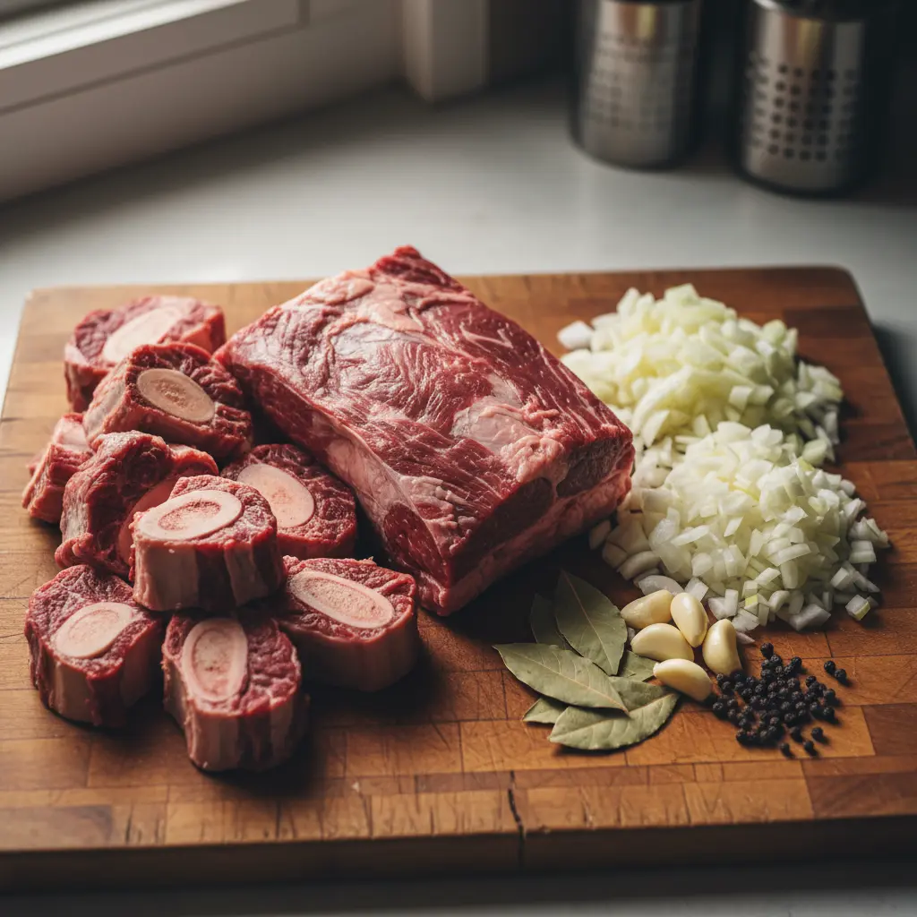 Huesos de res crudos, chuck roast, cebolla, ajo, laurel y pimienta en tabla de madera.