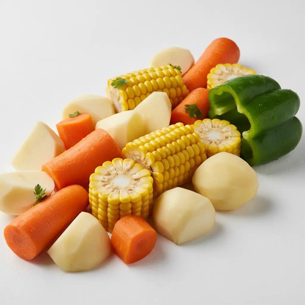 Verduras frescas para sopa: zanahorias, patatas, maíz y pimiento verde en blanco.