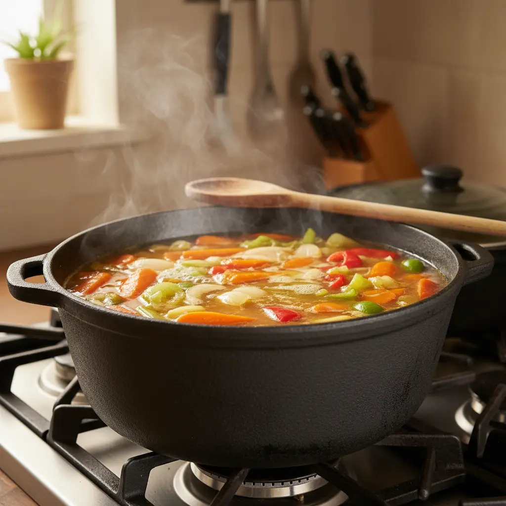 Caldero cubano con sofrito de verduras y caldo dorado hirviendo en estufa.