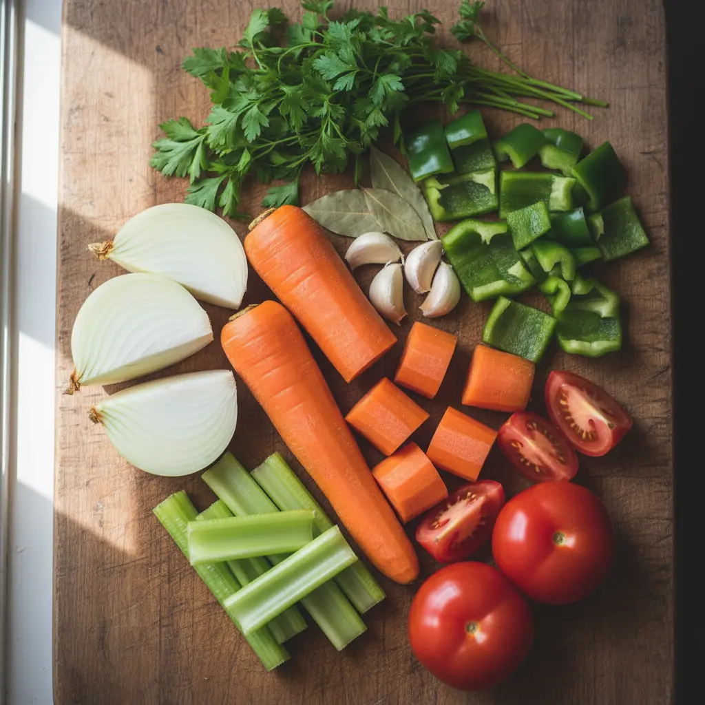 Verduras frescas crudas para caldo cubano: cebolla, zanahoria, apio, pimiento, ajo, tomate, perejil, laurel.