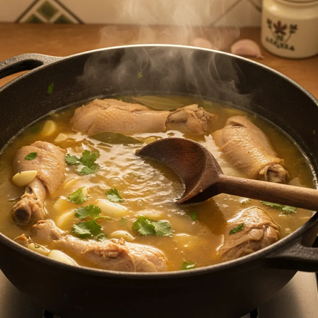Caldo dorado de sopa cubana de pollo, con trozos de pollo, cebolla y ajo, humeante en caldero.