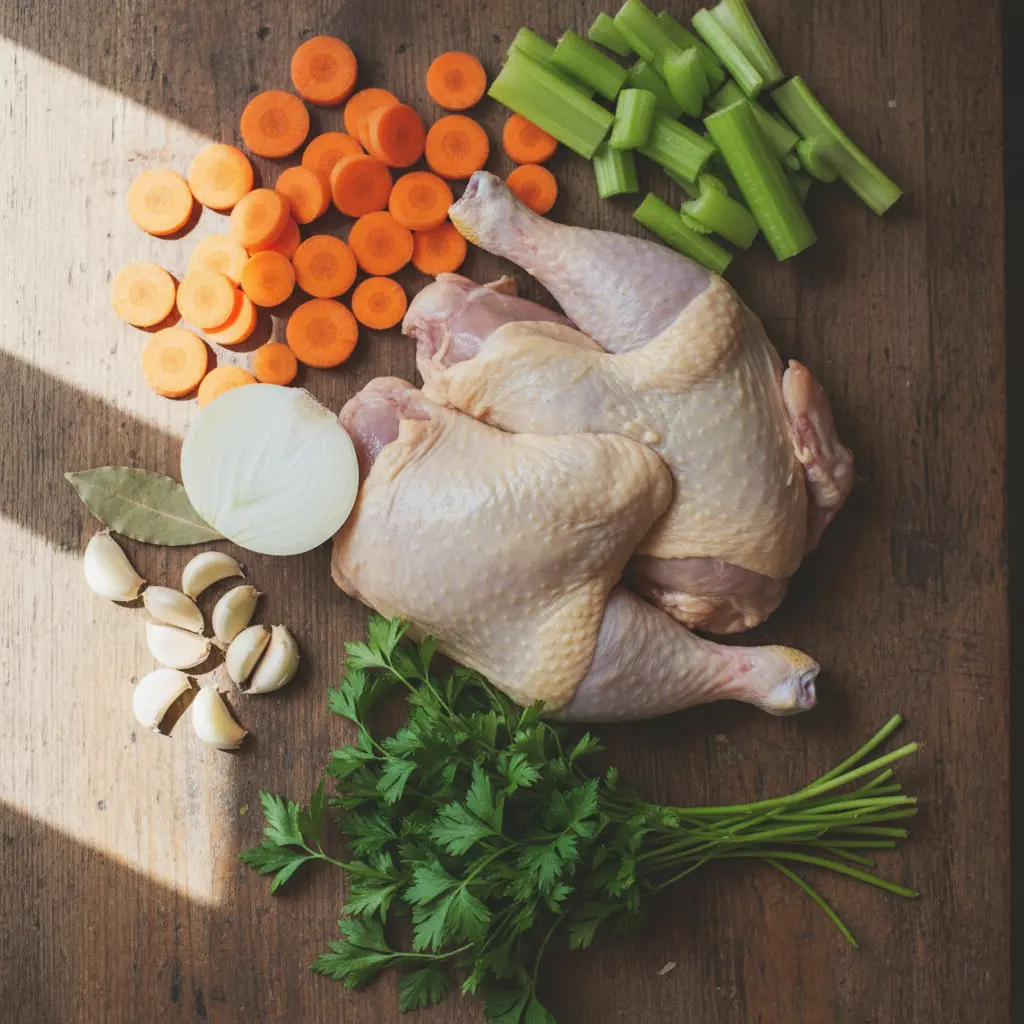 Ingredientes frescos para sopa cubana: pollo, zanahoria, apio, cebolla, ajo, laurel, perejil.