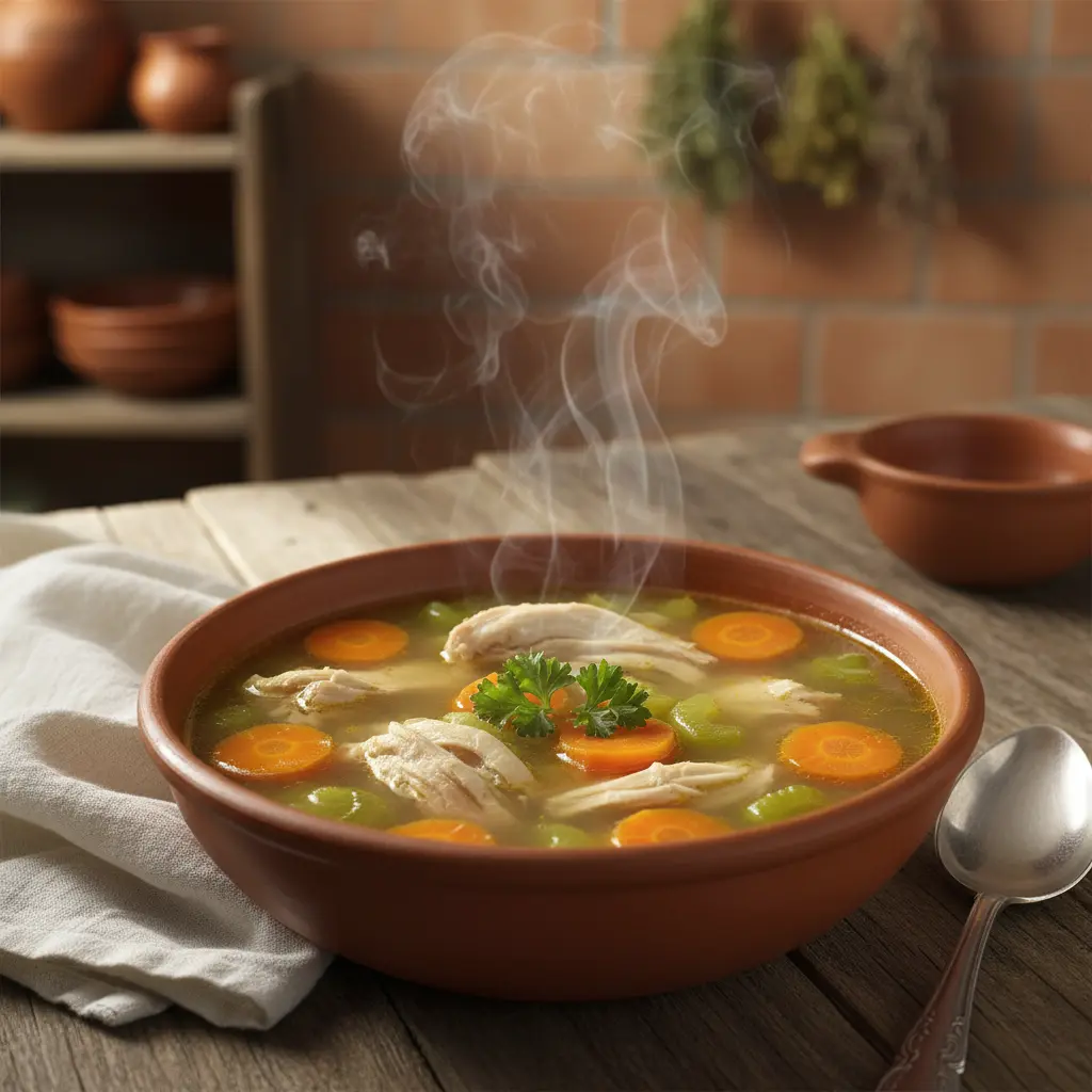 Sopa de pollo cubana tradicional: caldo dorado, pollo tierno, zanahoria y apio. Perejil fresco.