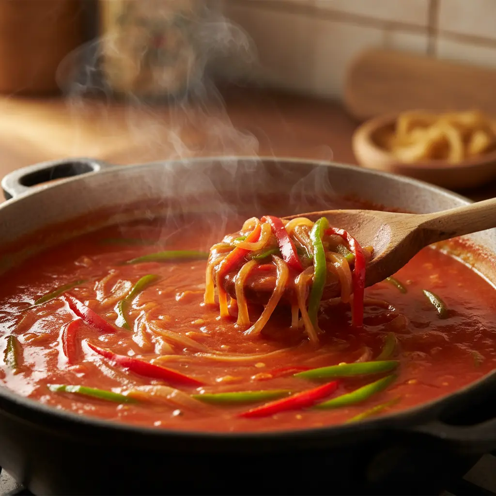 Sopa de tomate cubana en caldero, con pimientos y cebolla. Cuchara de madera.