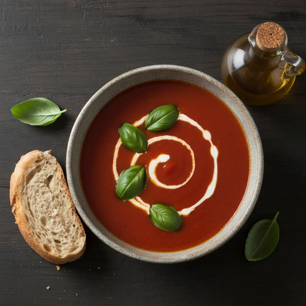 Sopa de tomate roja vibrante en cuenco rústico con albahaca, crema y pan crujiente.