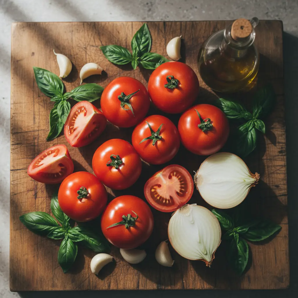 Tomates rojos, albahaca, ajo, cebolla y aceite de oliva en tabla rústica.