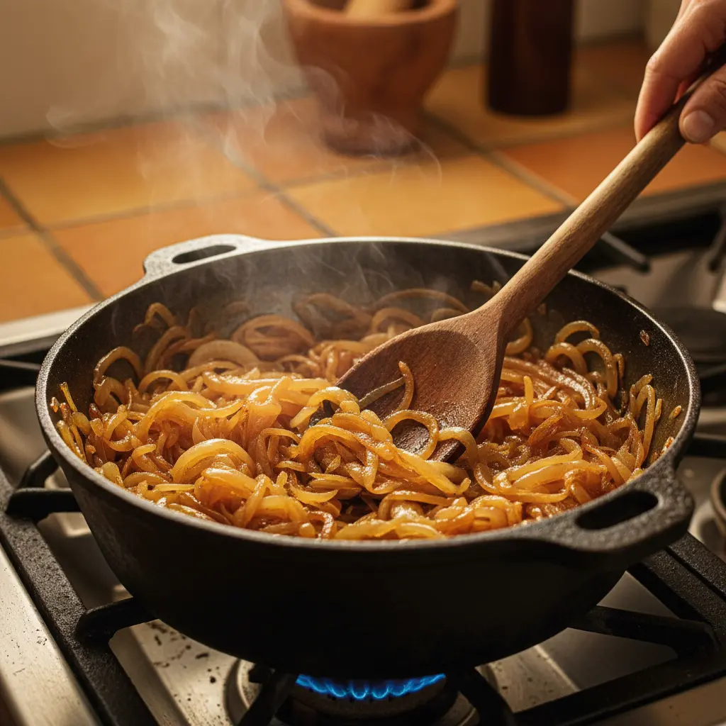 Cebollas amarillas caramelizándose lentamente en caldero cubano, doradas y dulces.