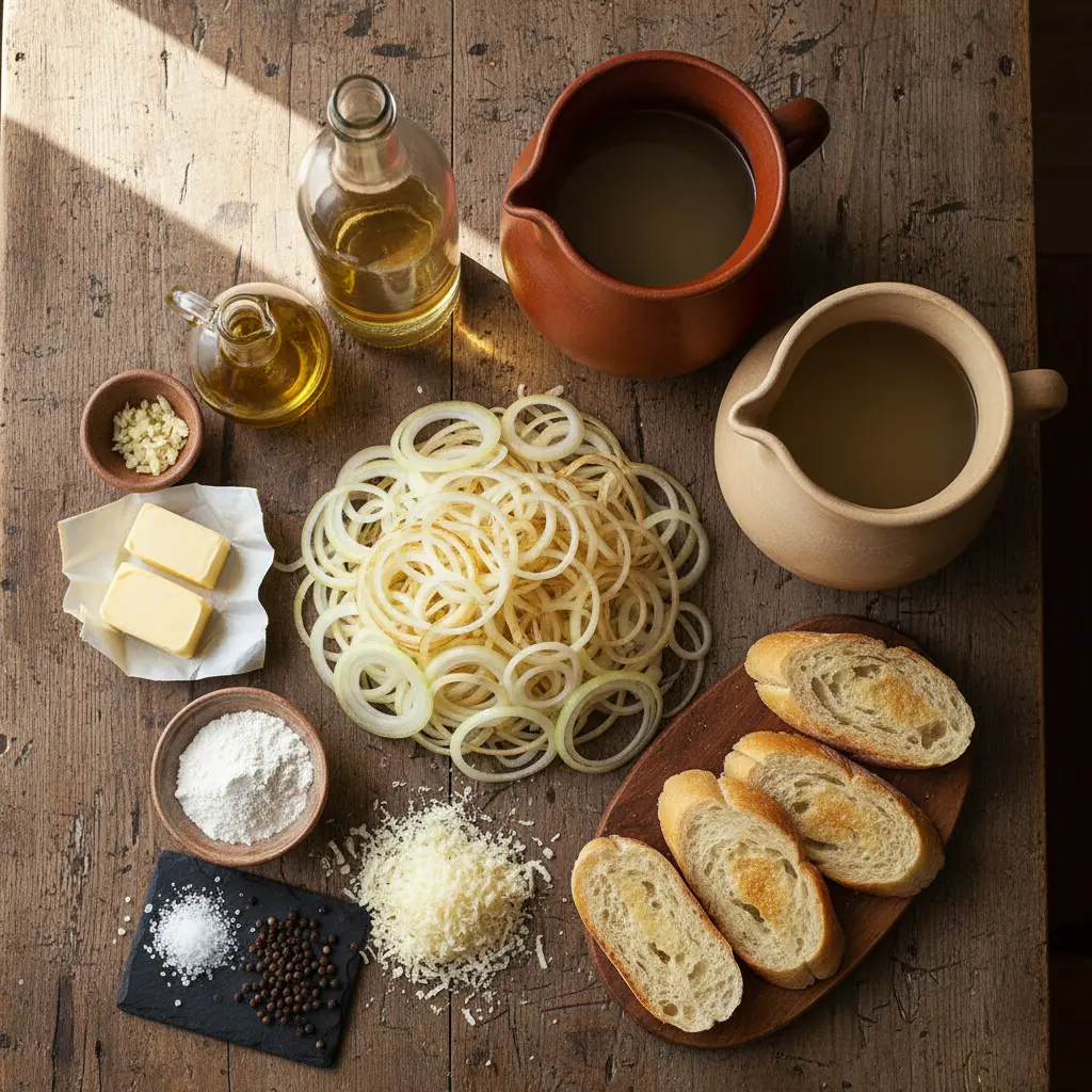 Ingredientes frescos para sopa de cebolla cubana: cebollas, ajo, mantequilla, aceite, harina, caldo, vino, queso Gruyere, pan.