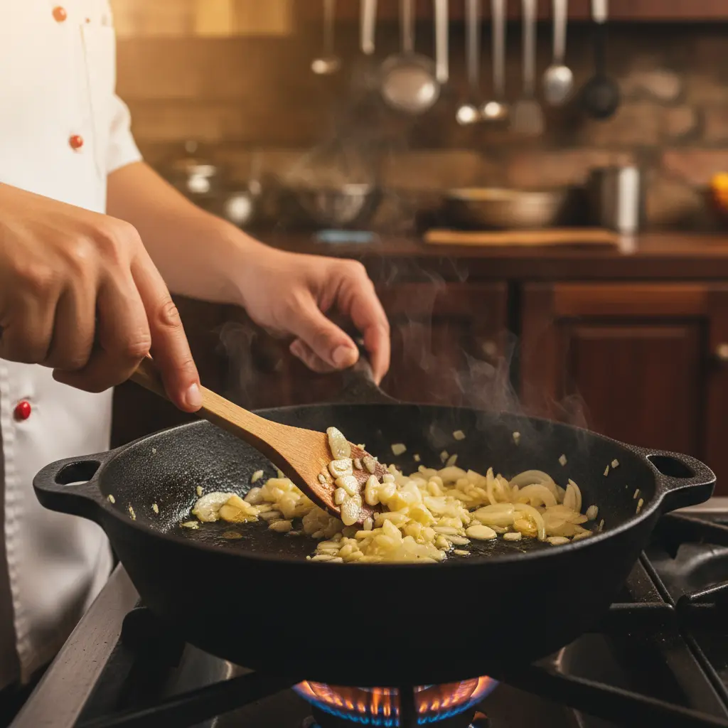 Manos de chef sofríen ajo y cebolla dorada en caldero cubano caliente.