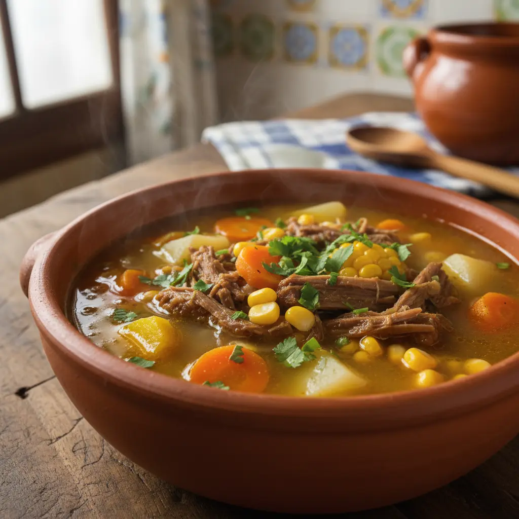 Sopa cubana de verduras con carne deshebrada, zanahoria, papa y elote.