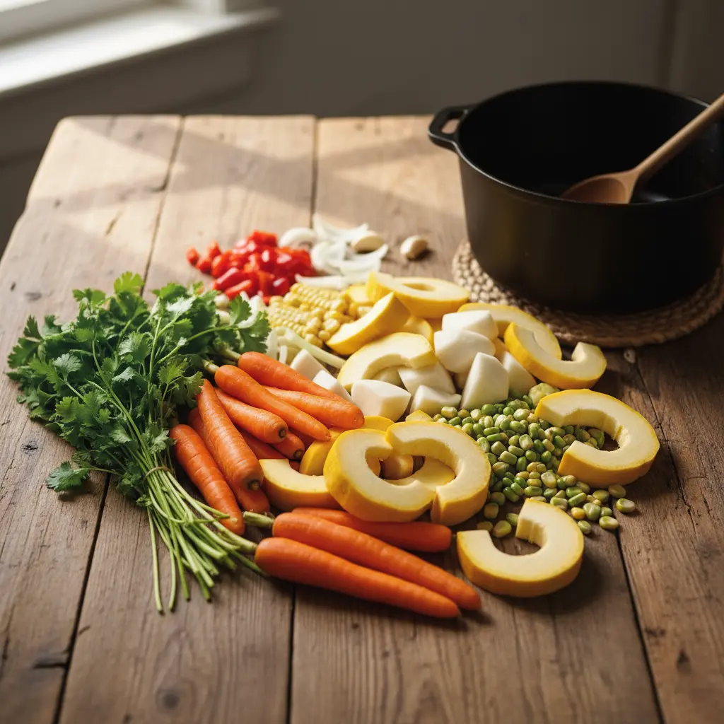 Verduras frescas para sopa cubana: zanahorias, papas, calabaza, maíz y cilantro.