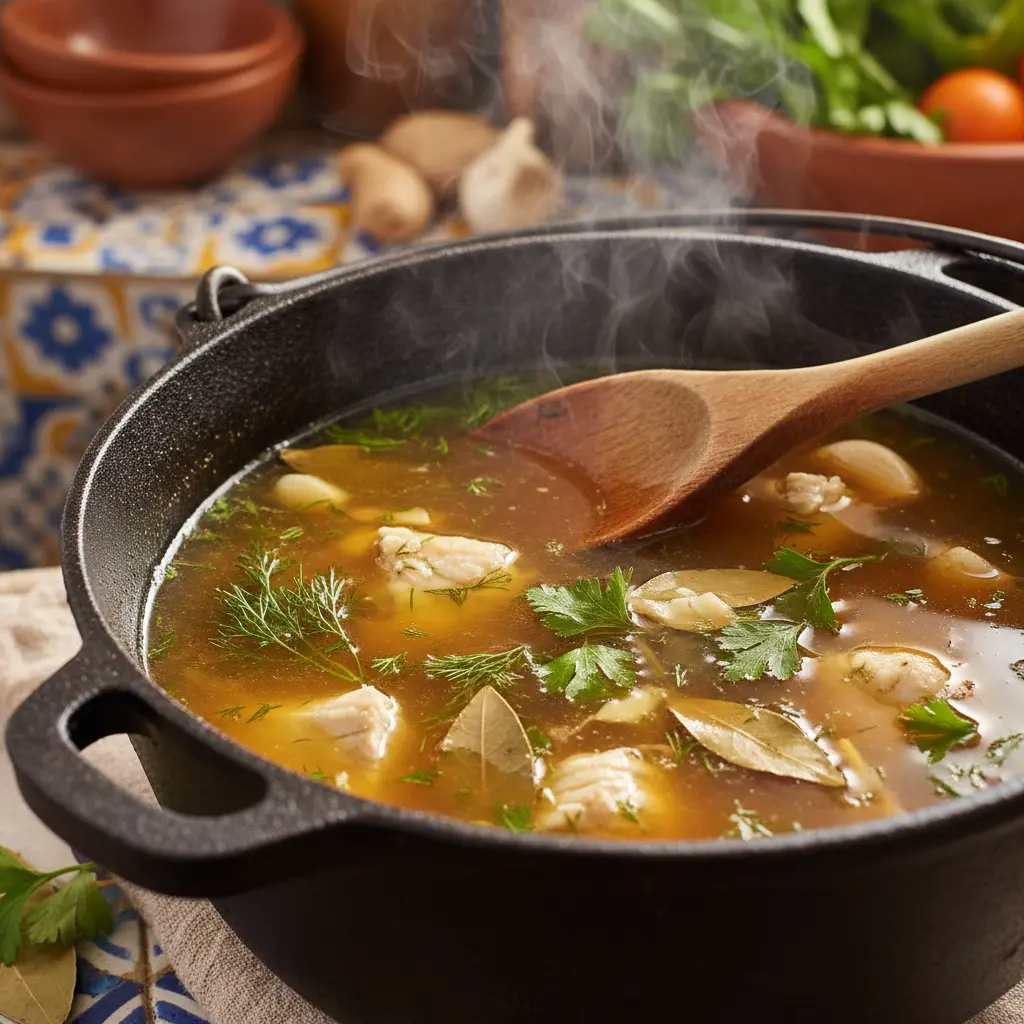 Caldo de pescado dorado y humeante en caldero cubano, con cuchara de madera.