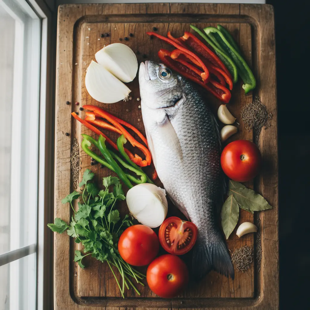 Ingredientes frescos para sopa de pescado cubana: pescado entero, pimientos, cebolla, ajo, tomate, cilantro.