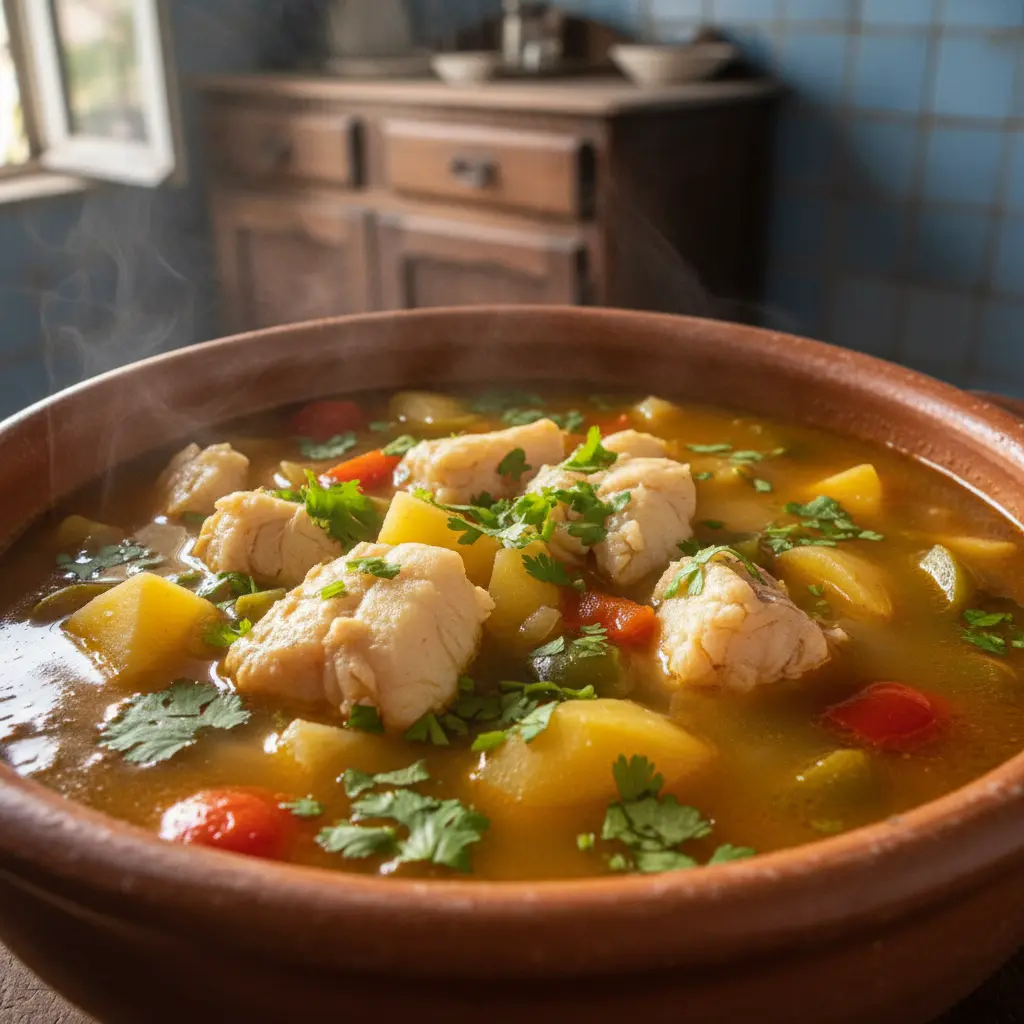 Sopa cubana de pescado dorada con trozos de pescado, patata, malanga y pimientos.