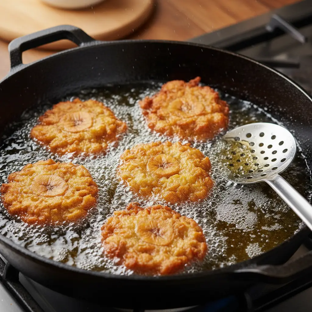 Frituras de plátano dorándose en aceite caliente, proceso de fritura.
