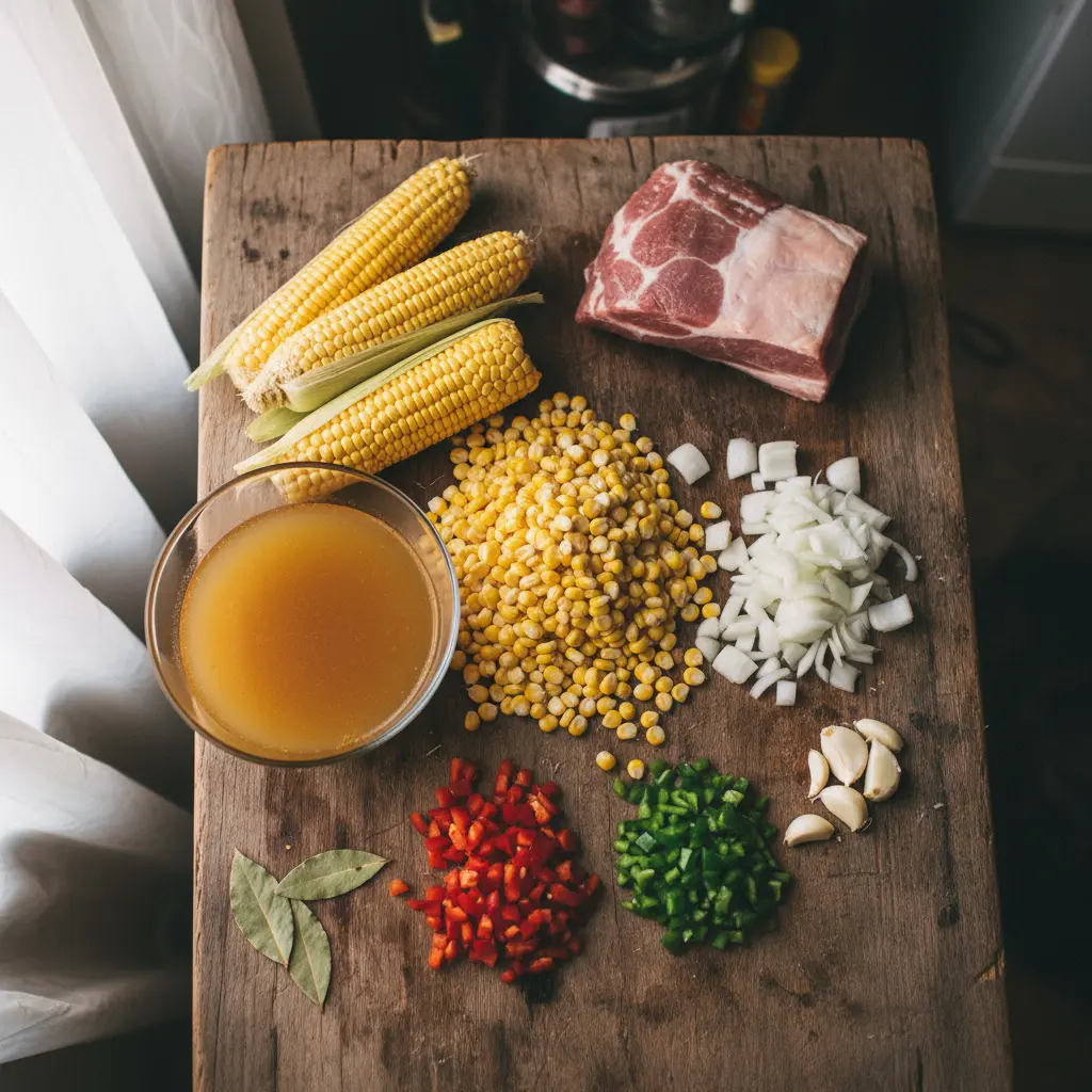 Ingredientes frescos para sopa de maíz cubana: maíz, cebolla, ajo, pimientos, cerdo, caldo.