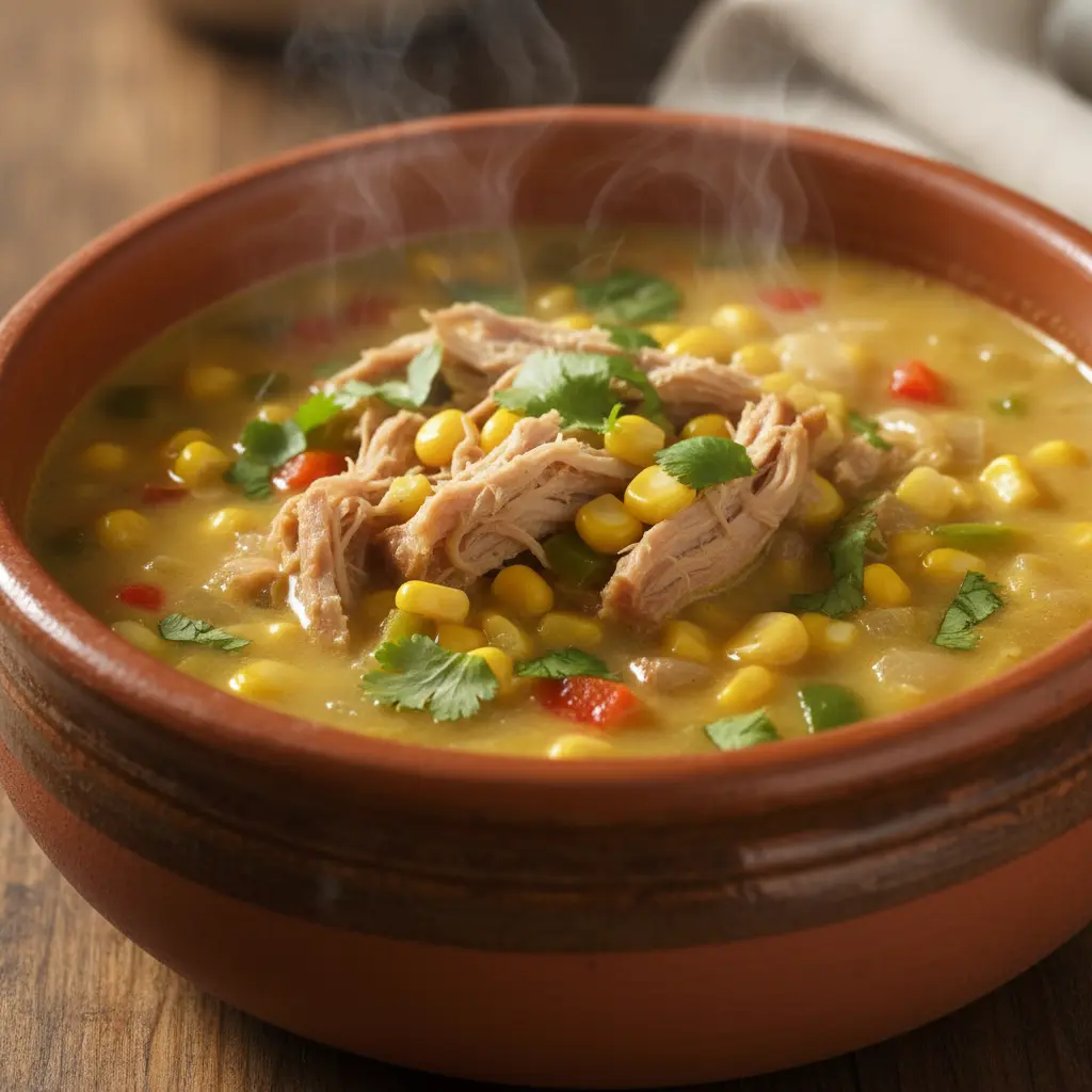 Sopa de maíz cubana auténtica con cerdo, maíz, pimientos y cilantro.