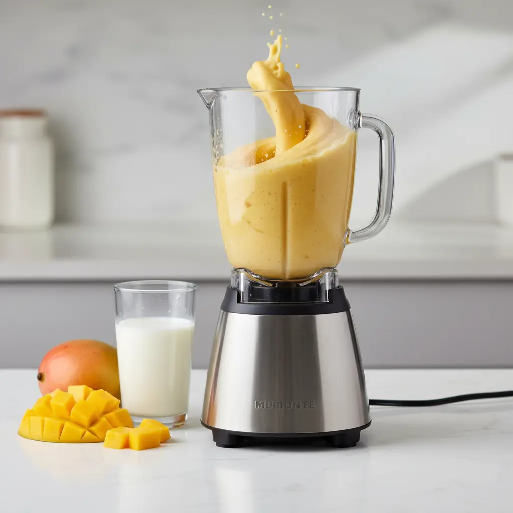 Licuadora en acción con mezcla de mango amarillo vibrante y trozos de mango.