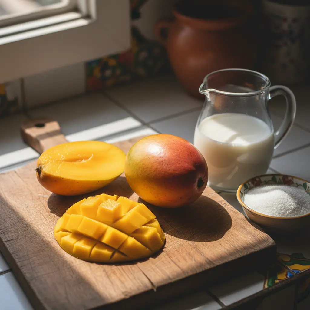 Mangos frescos en tabla rústica, leche y azúcar. Cocina cubana.