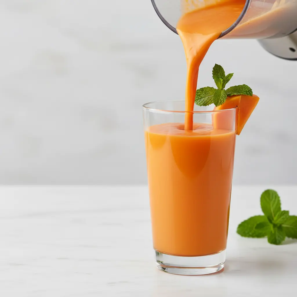 Batido de papaya refrescante: textura y color Batido de papaya naranja vibrante vertiéndose en vaso, con menta y papaya de adorno.