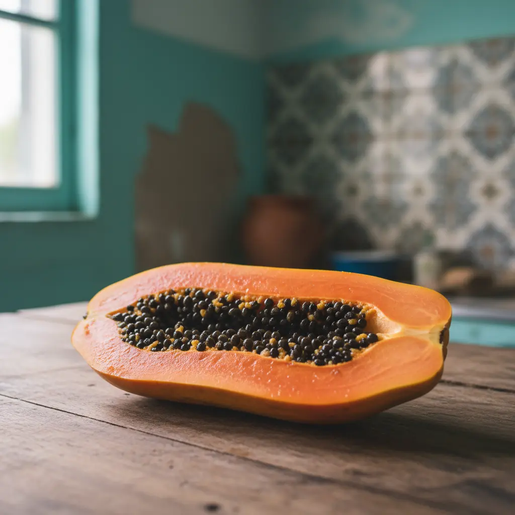 Papaya cubana: Sabor y dulzura Papaya cubana madura cortada a la mitad, carne naranja vibrante, semillas negras, mesa rústica.