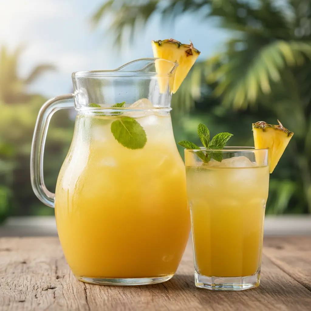 Jarra de jugo de piña amarillo vibrante con menta y hielo en mesa rústica.