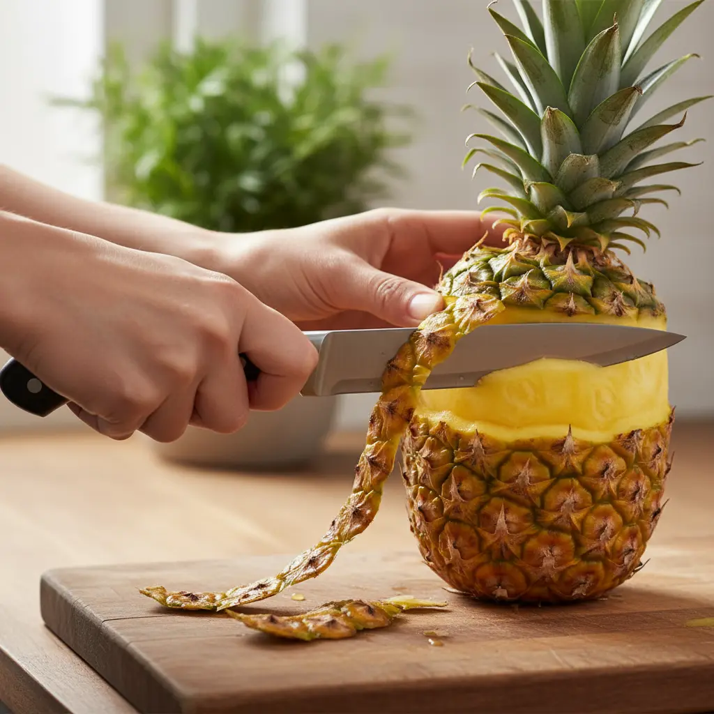 Manos pelando piña madura con cuchillo afilado, revelando pulpa amarilla.