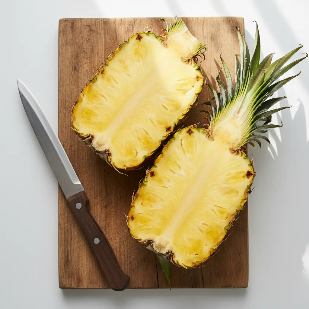 Piña madura cortada por la mitad, carne amarilla vibrante, cuchillo de chef, tabla de madera.