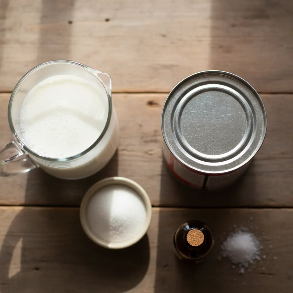 Leche Malteada Cubana: Ingredientes Frescos Ingredientes frescos para leche malteada cubana: leche, azúcar, malta, vainilla y sal.