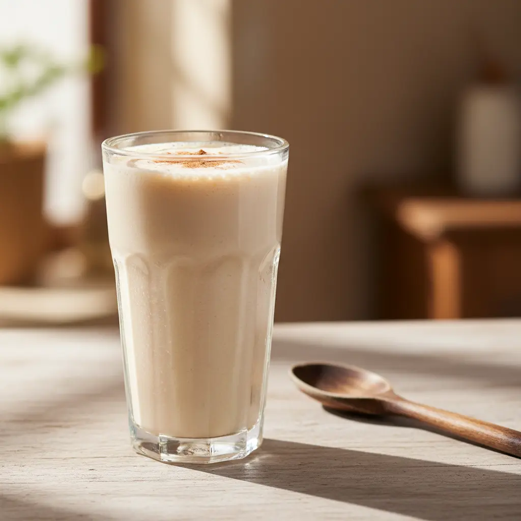 Deliciosa Leche Malteada Cubana: Receta y Preparación Leche malteada cubana cremosa en vaso con canela, luz natural y cuchara rústica.