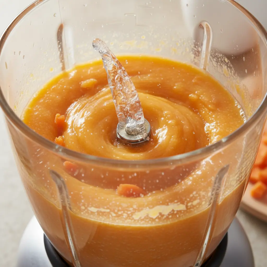 Licuado de zanahoria, agua y azúcar en licuadora, textura de puré espeso.