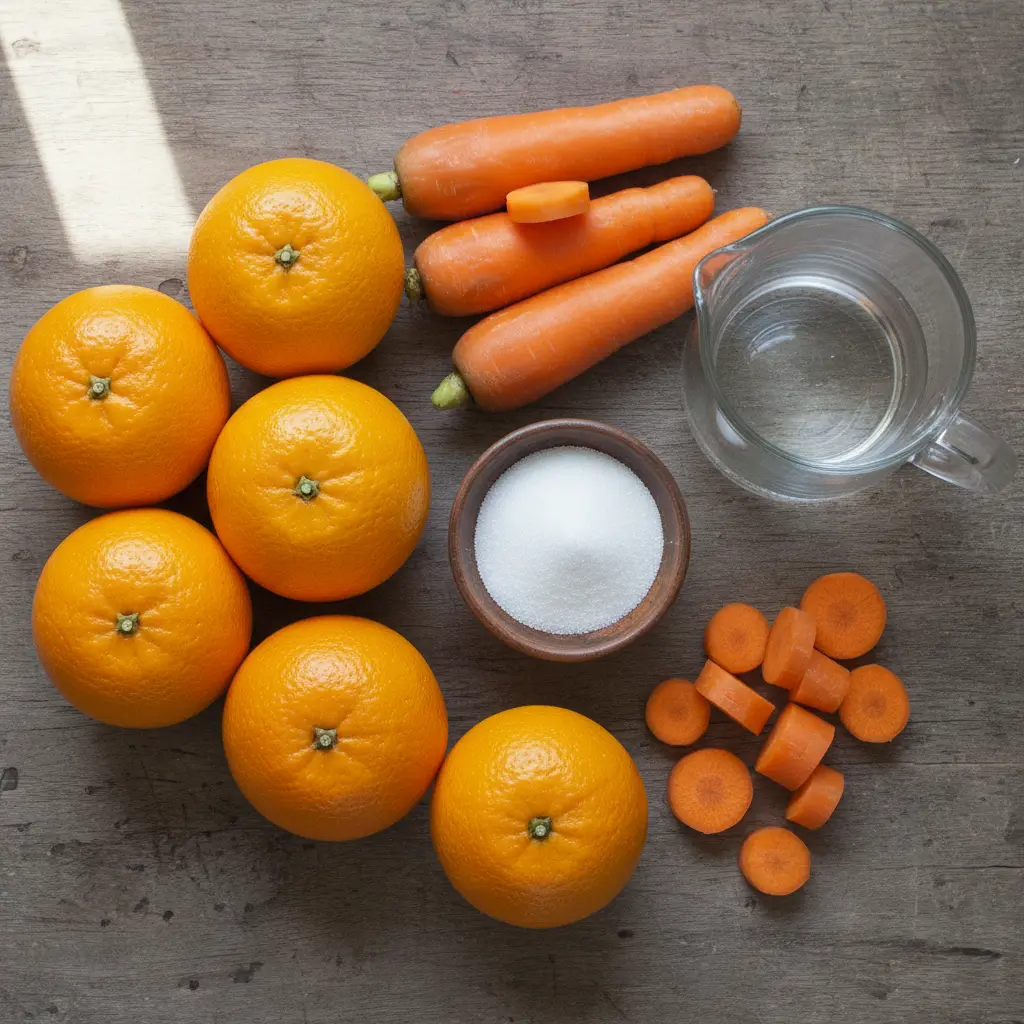 Naranjas y zanahorias frescas para jugo cubano en mesa rústica.