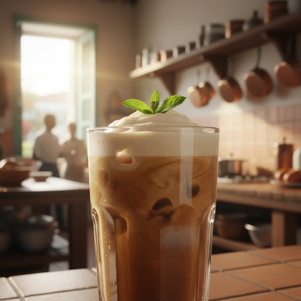 Copa alta con bebida de malta oscura y cremosa, hielo y espuma. Decorada con menta o lima.